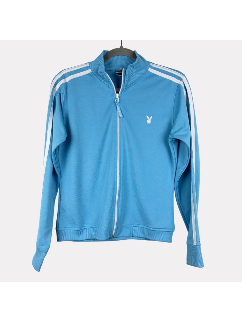 Playboy Full Zip Athletic Track Jacket Womens Medium Light Blue White Stripe